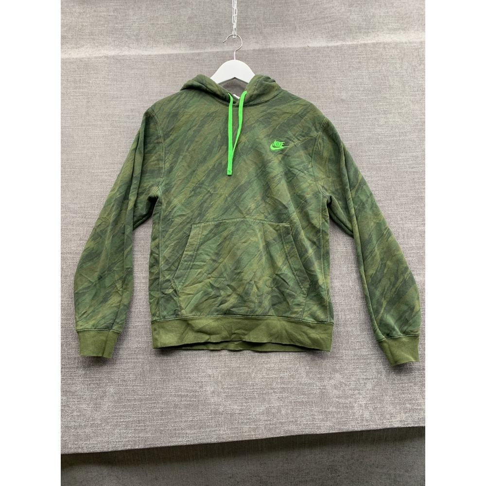 Nike Club Fleece Hoodie Mens Small Neon Green Camouflage Embroidered Logo Cotton